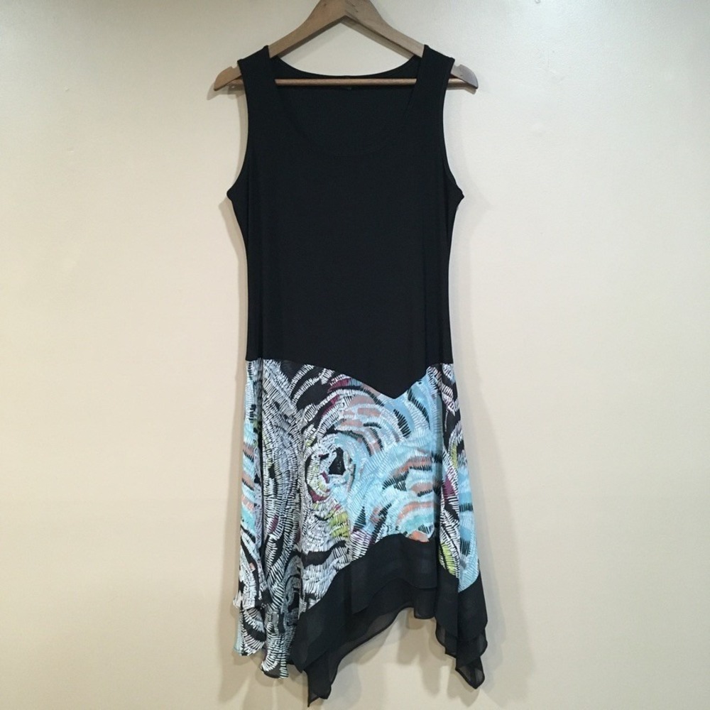 MSK Black Tank Dress with Pastel Swirl Asymmetrical Hem